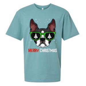 Boston Terrier Christmas Pajama Dog Sunglasses XMas Tree Sueded Cloud Jersey T-Shirt