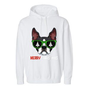 Boston Terrier Christmas Pajama Dog Sunglasses XMas Tree Garment-Dyed Fleece Hoodie