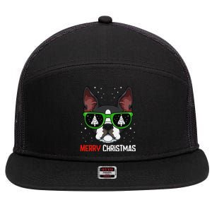 Boston Terrier Christmas Pajama Dog Sunglasses XMas Tree 7 Panel Mesh Trucker Snapback Hat