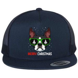 Boston Terrier Christmas Pajama Dog Sunglasses XMas Tree Flat Bill Trucker Hat