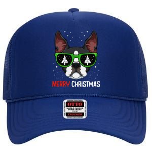 Boston Terrier Christmas Pajama Dog Sunglasses XMas Tree High Crown Mesh Back Trucker Hat