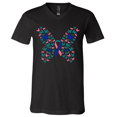 Butterfly Thyroid Cancer Awareness Ribbon Survivor Warrior V-Neck T-Shirt
