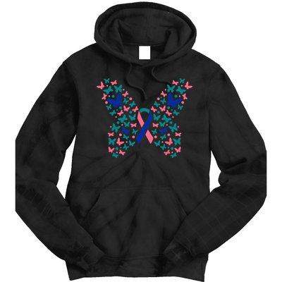 Butterfly Thyroid Cancer Awareness Ribbon Survivor Warrior Tie Dye Hoodie
