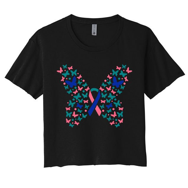 Butterfly Thyroid Cancer Awareness Ribbon Survivor Warrior Crop Top