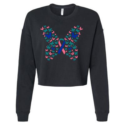 Butterfly Thyroid Cancer Awareness Ribbon Survivor Warrior Cropped Pullover Crew