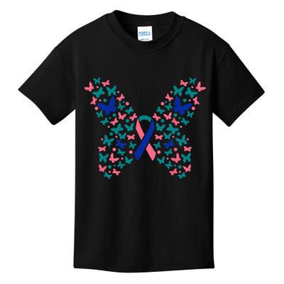 Butterfly Thyroid Cancer Awareness Ribbon Survivor Warrior Kids T-Shirt
