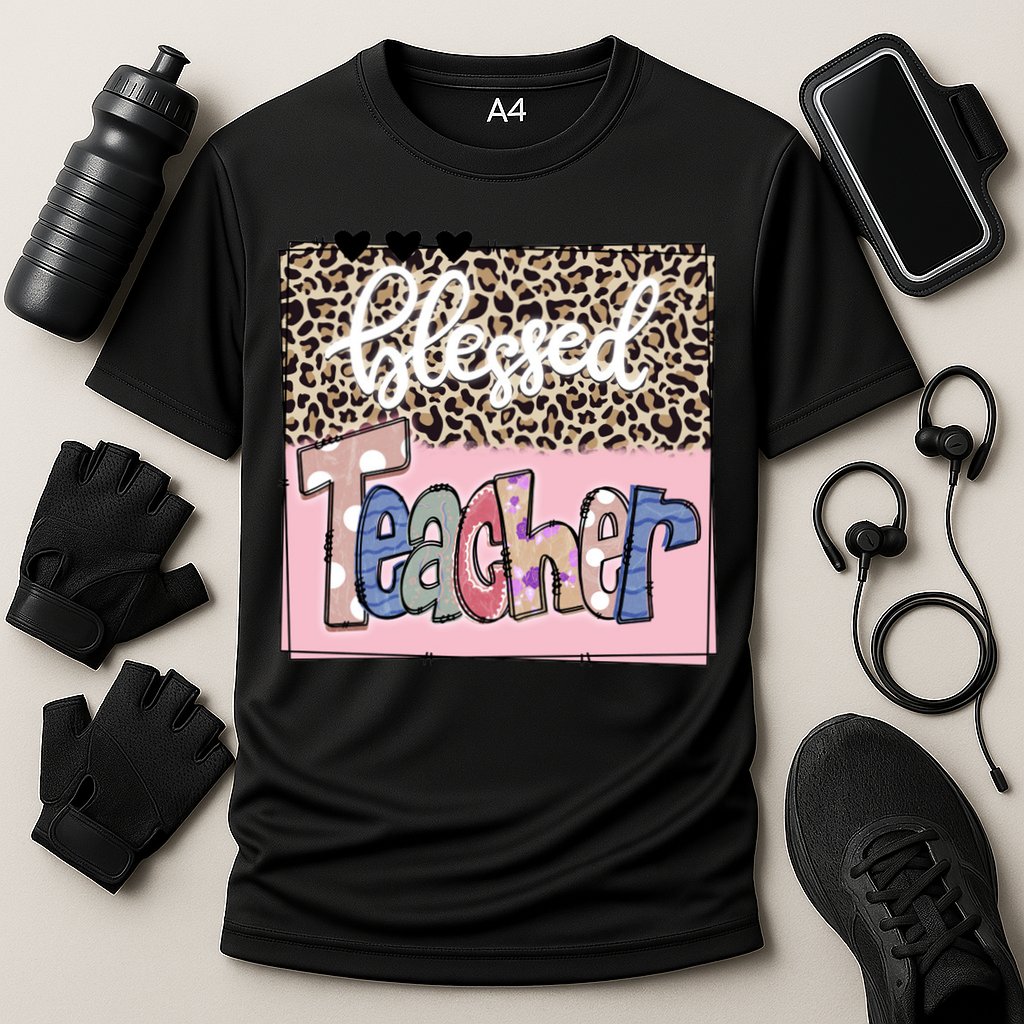 Blessed Teacher Cheetah Print Cooling Performance Crew T-Shirt