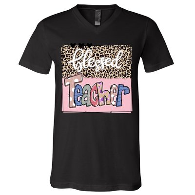 Blessed Teacher Cheetah Print V-Neck T-Shirt