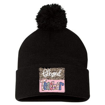 Blessed Teacher Cheetah Print Pom Pom 12in Knit Beanie