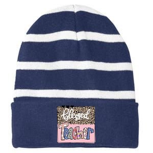 Blessed Teacher Cheetah Print Striped Beanie with Solid Band