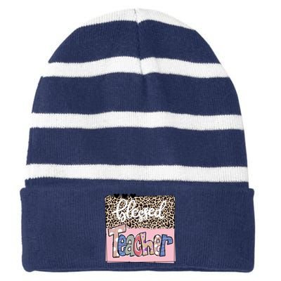 Blessed Teacher Cheetah Print Striped Beanie with Solid Band