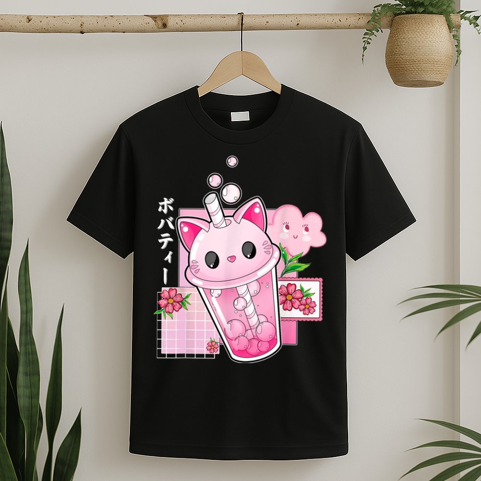 Boba Tea Cat Bubble Tea Kawaii Anime Japanese Girl Teenager T-Shirt