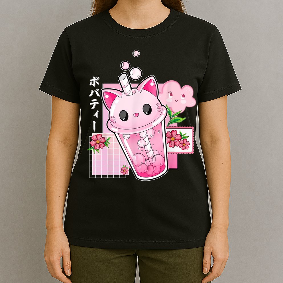 Boba Tea Cat Bubble Tea Kawaii Anime Japanese Girl Teenager T-Shirt