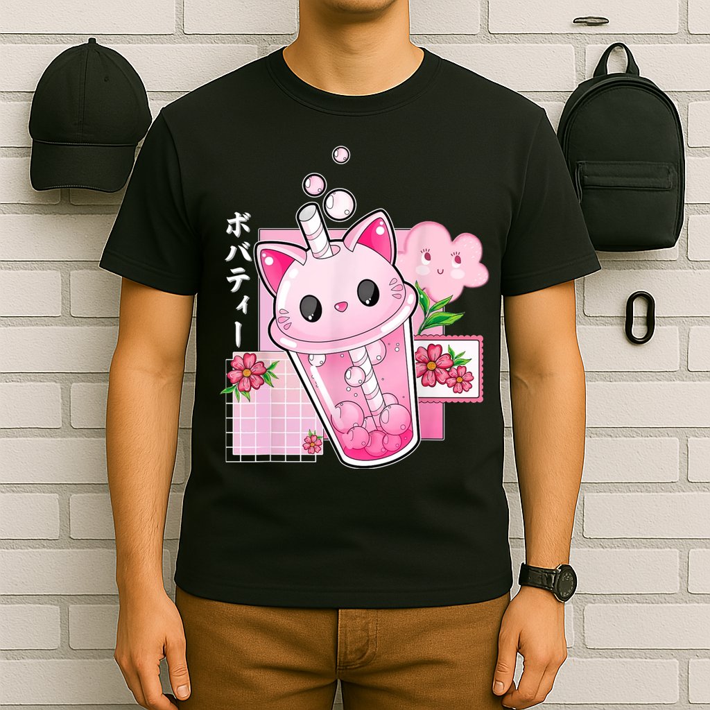 Boba Tea Cat Bubble Tea Kawaii Anime Japanese Girl Teenager T-Shirt