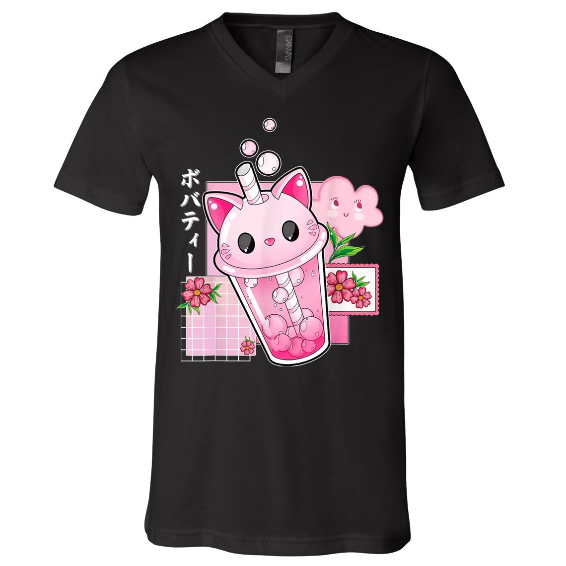 Boba Tea Cat Bubble Tea Kawaii Anime Japanese Girl Teenager V-Neck T-Shirt