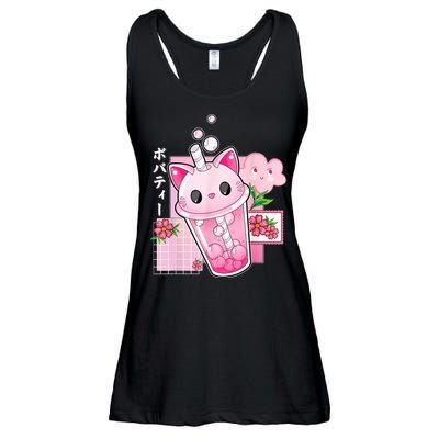 Boba Tea Cat Bubble Tea Kawaii Anime Japanese Girl Teenager Ladies Essential Flowy Tank