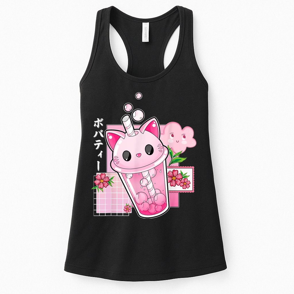 Boba Tea Cat Bubble Tea Kawaii Anime Japanese Girl Teenager Womens Tank Top