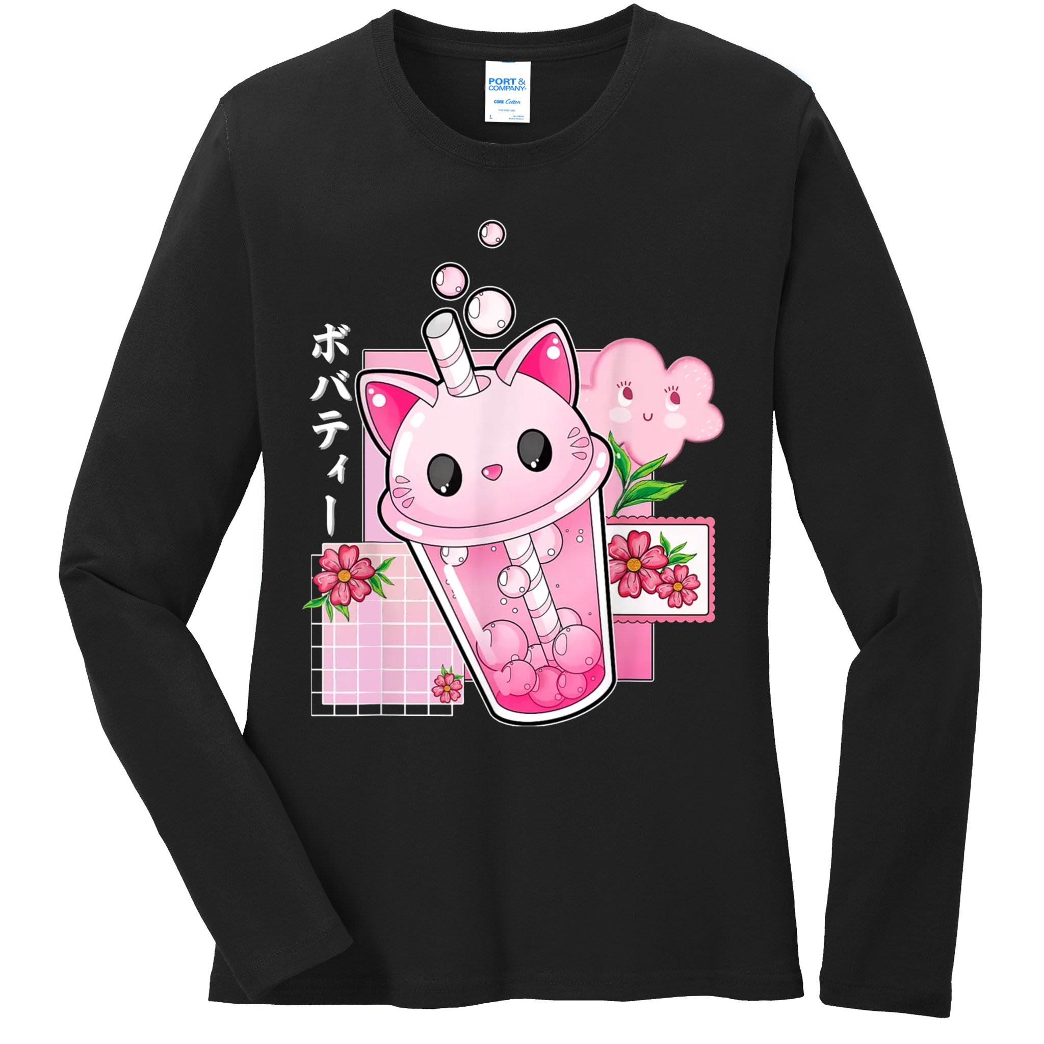 Boba Tea Cat Bubble Tea Kawaii Anime Japanese Girl Teenager Ladies Long Sleeve Shirt