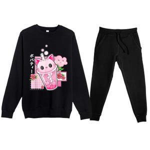 Boba Tea Cat Bubble Tea Kawaii Anime Japanese Girls Nager Premium Crewneck Sweatsuit Set