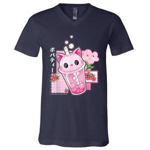 Boba Tea Cat Bubble Tea Kawaii Anime Japanese Girls Nager V-Neck T-Shirt