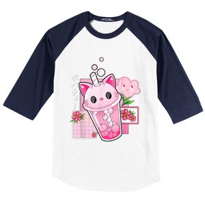 Boba Tea Cat Bubble Tea Kawaii Anime Japanese Girls Nager Baseball Sleeve Shirt