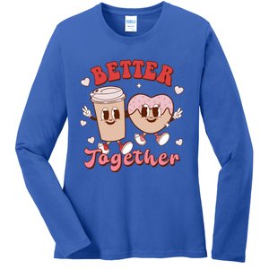 Better Together Coffee Donut Groovy Retro Valentine's Day Gift Ladies Long Sleeve Shirt