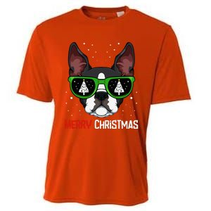 Boston Terrier Christmas Pajama Dog Sunglasses Xmas Tree Cooling Performance Crew T-Shirt