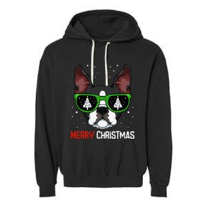 Boston Terrier Christmas Pajama Dog Sunglasses Xmas Tree Garment-Dyed Fleece Hoodie