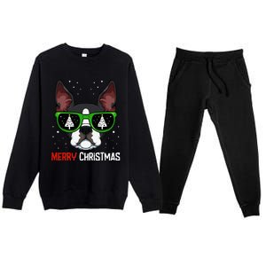 Boston Terrier Christmas Pajama Dog Sunglasses Xmas Tree Premium Crewneck Sweatsuit Set