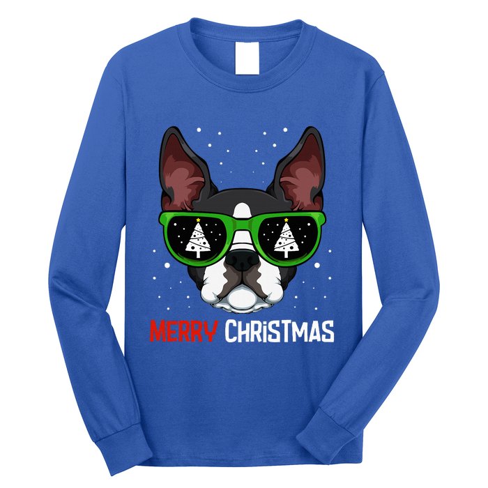 Boston Terrier Christmas Pajama Dog Sunglasses Xmas Tree Long Sleeve Shirt