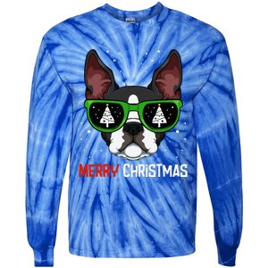 Boston Terrier Christmas Pajama Dog Sunglasses Xmas Tree Tie-Dye Long Sleeve Shirt