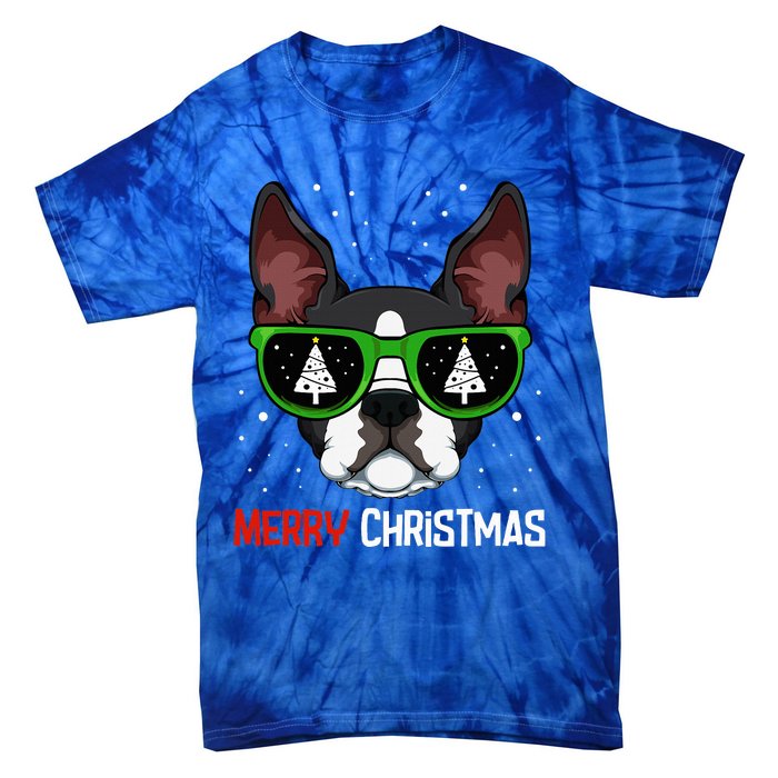 Boston Terrier Christmas Pajama Dog Sunglasses Xmas Tree Tie-Dye T-Shirt