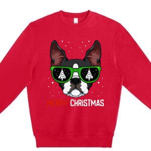 Boston Terrier Christmas Pajama Dog Sunglasses Xmas Tree Premium Crewneck Sweatshirt