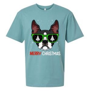 Boston Terrier Christmas Pajama Dog Sunglasses Xmas Tree Sueded Cloud Jersey T-Shirt