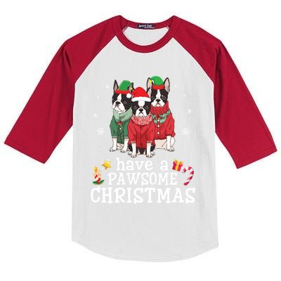 Boston Terrier Dogs Merry Mom Dad Have A Pawsome Christmas Gift Kids Colorblock Raglan Jersey