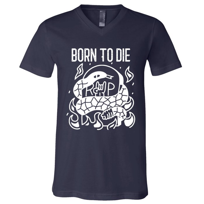 Born To Die Heavy Metal Rattlesnake Rip Tombstone V-Neck T-Shirt