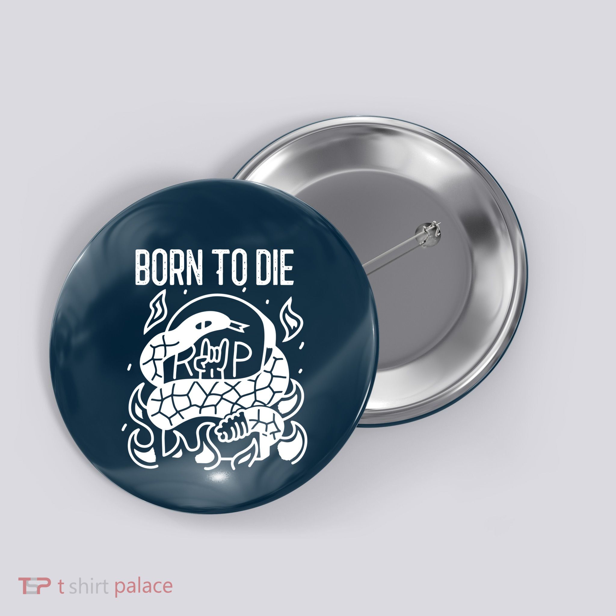 Born To Die Heavy Metal Rattlesnake Rip Tombstone Button