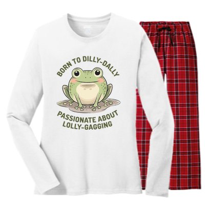 Born To Dilly Dally Funny Green Frog Meme Women's Long Sleeve Flannel Pajama Set 