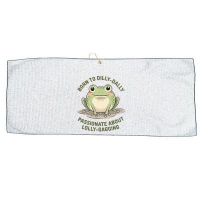 Born To Dilly Dally Funny Green Frog Meme Large Microfiber Waffle Golf Towel