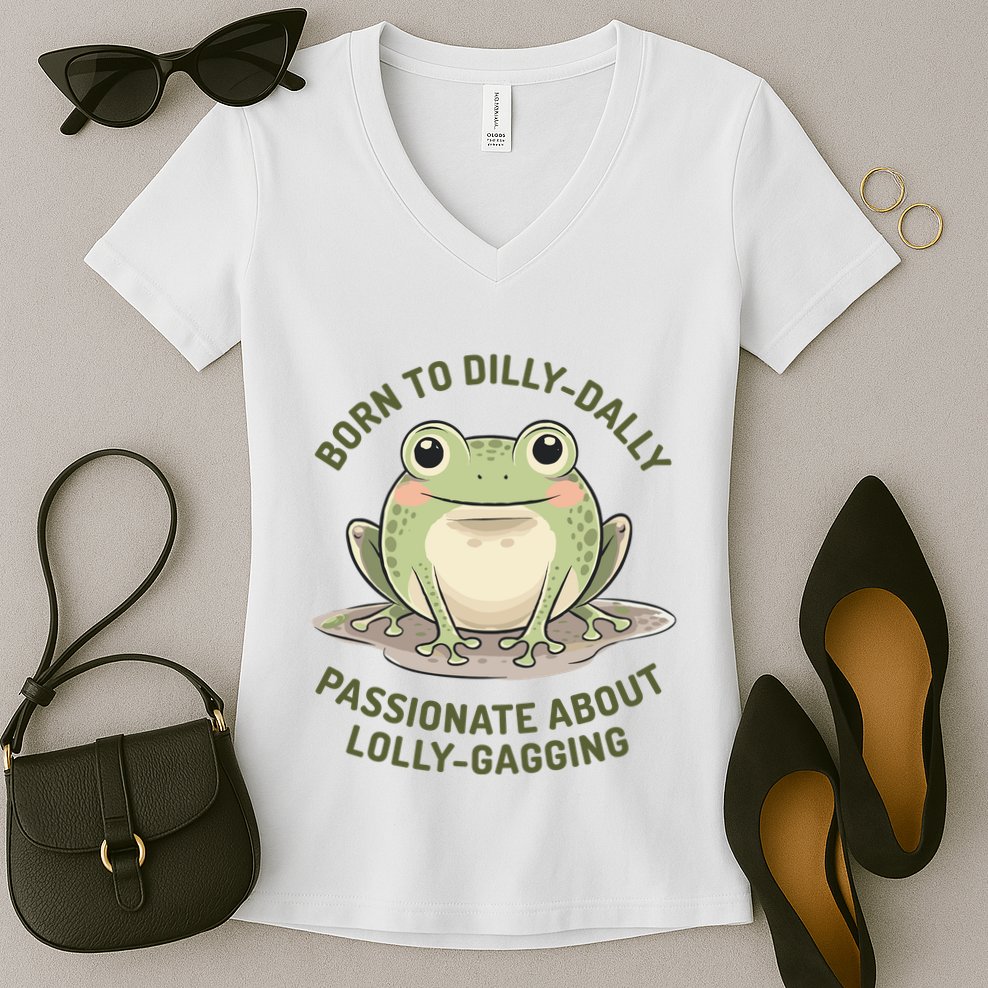 Born To Dilly Dally Funny Green Frog Meme Women's V-Neck T-Shirt