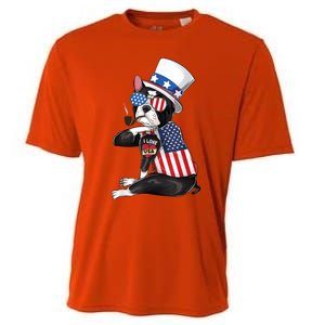 Boston Terrier Dog Merica 4th Of July Usa American Flag Men Cooling Performance Crew T-Shirt