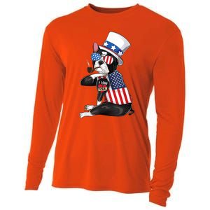 Boston Terrier Dog Merica 4th Of July Usa American Flag Men Cooling Performance Long Sleeve Crew