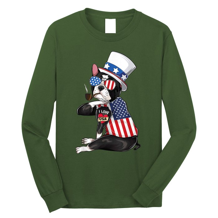 Boston Terrier Dog Merica 4th Of July Usa American Flag Men Long Sleeve Shirt