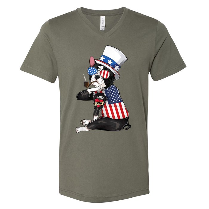 Boston Terrier Dog Merica 4th Of July Usa American Flag Men V-Neck T-Shirt