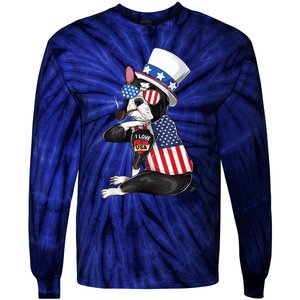 Boston Terrier Dog Merica 4th Of July Usa American Flag Men Tie-Dye Long Sleeve Shirt