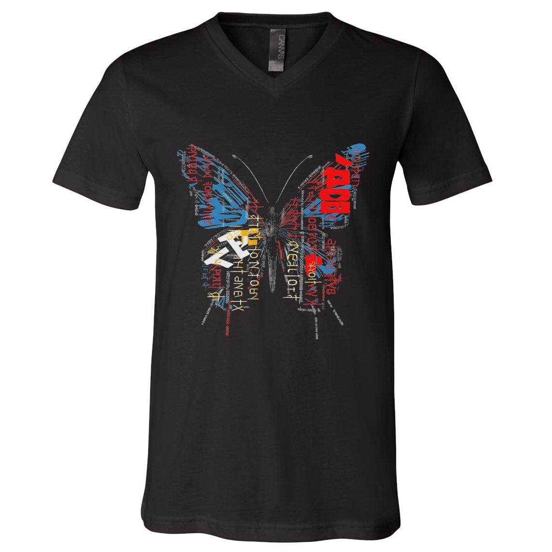 Butterfly Text Drawing Art Graphic Motif Anime V-Neck T-Shirt