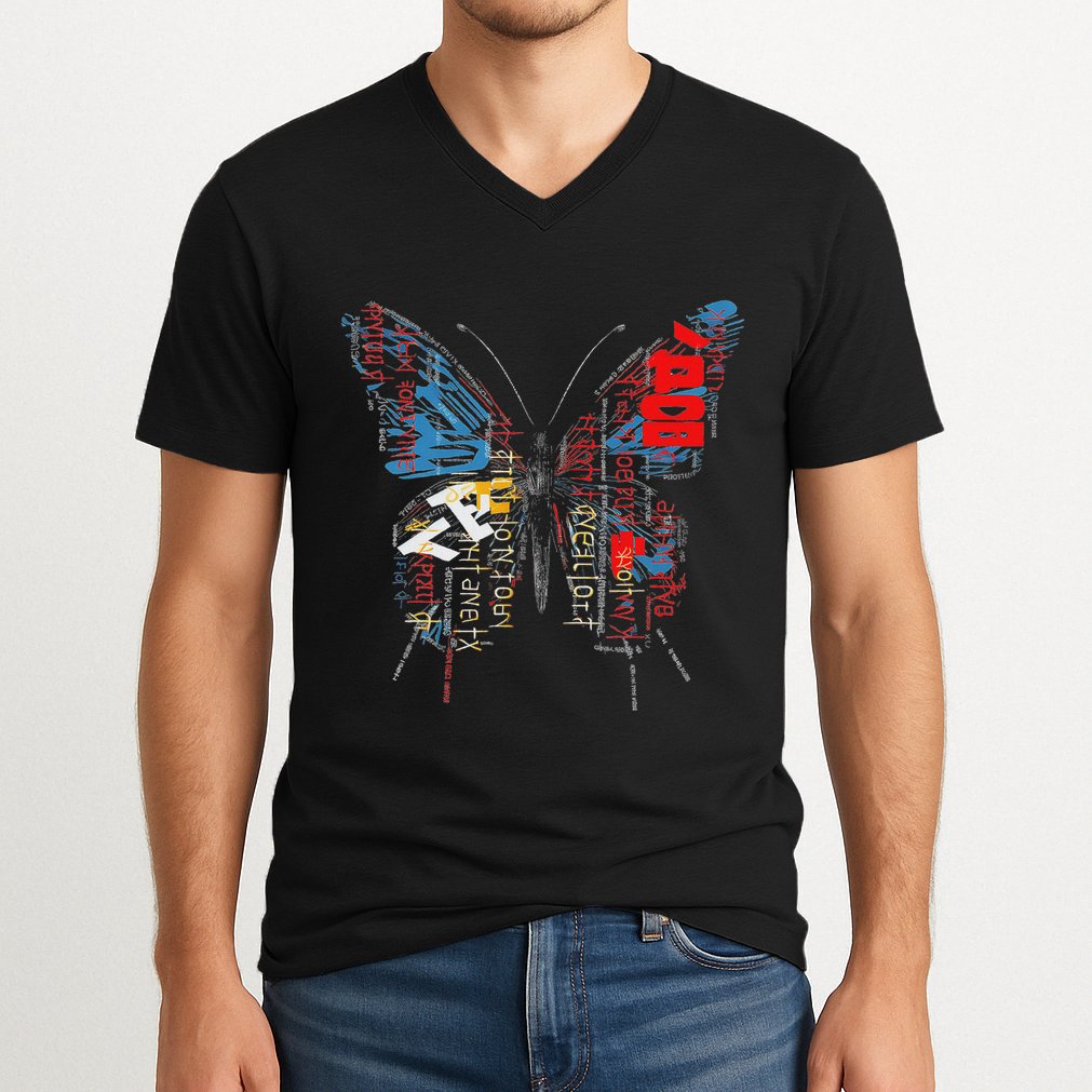 Butterfly Text Drawing Art Graphic Motif Anime V-Neck T-Shirt