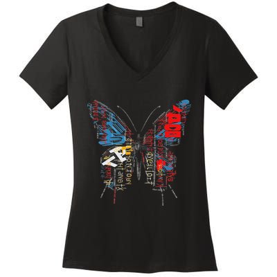 Butterfly Text Drawing Art Graphic Motif Anime Women's V-Neck T-Shirt