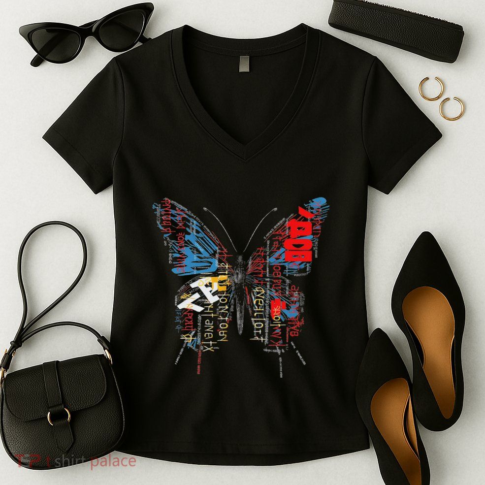 Butterfly Text Drawing Art Graphic Motif Anime Women's V-Neck T-Shirt