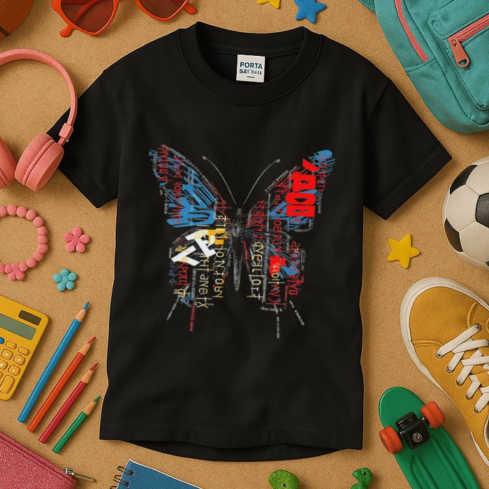 Butterfly Text Drawing Art Graphic Motif Anime Kids T-Shirt